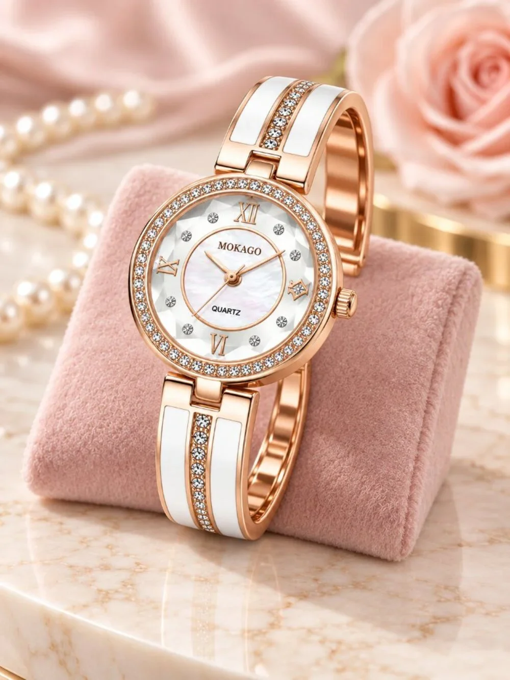 MOKAGO Rose Gold White Rhinestone Quartz Bangle Cuff Watch